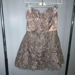 Gather Beauty taupe brocade floral lace embellished strapless dress Sz 10